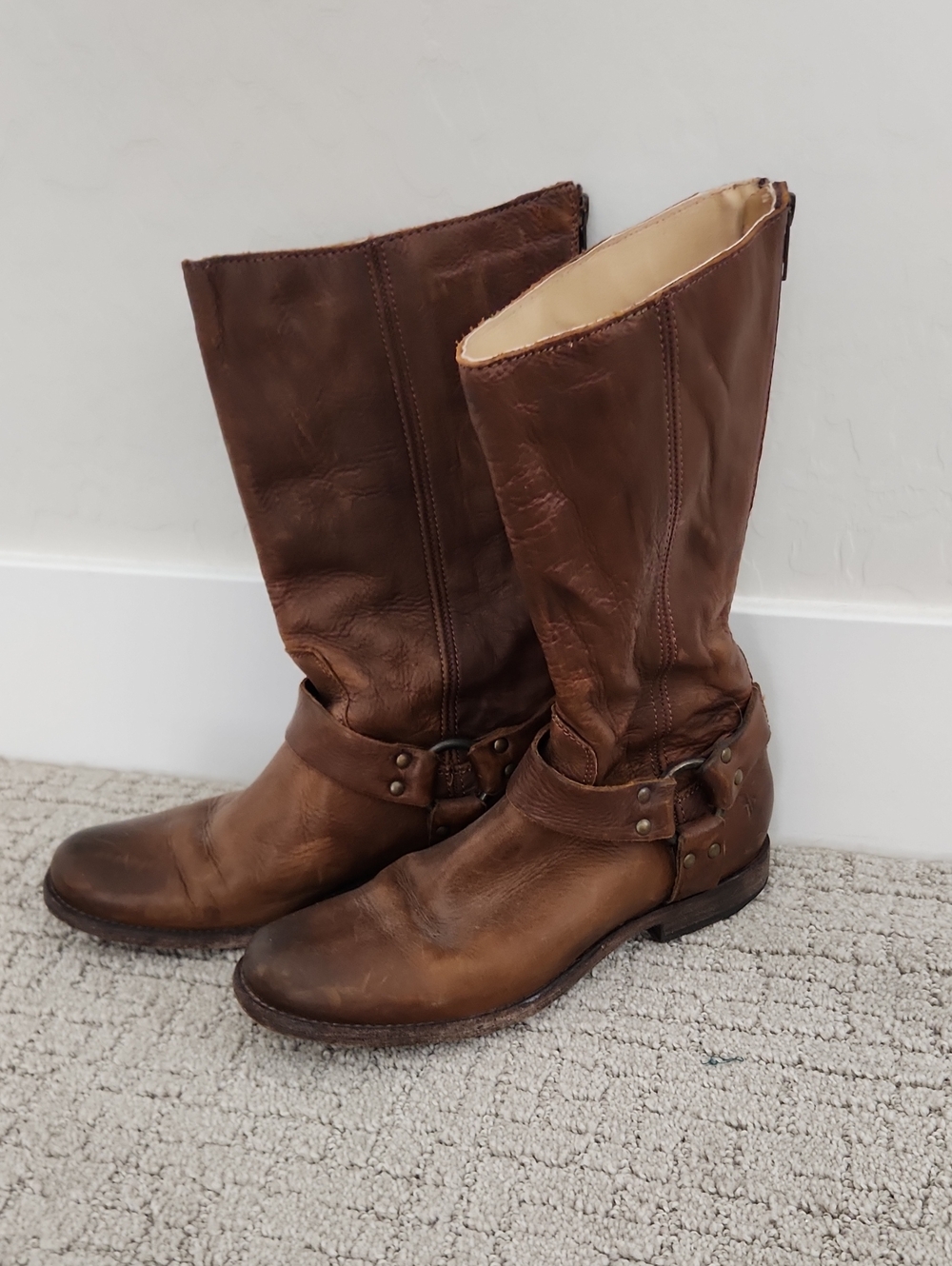 Womens Frye Brown Leather Harness Mid-Calf Boots